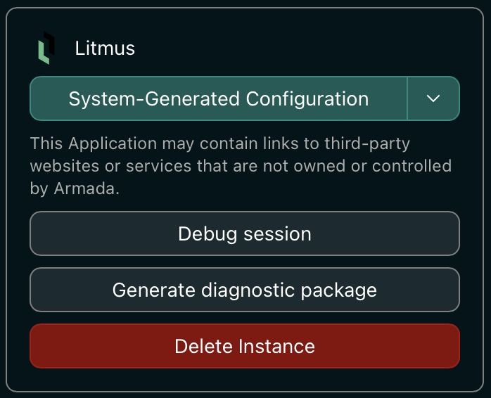Debug session button in the app instance actions panel