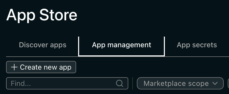 The App Store tabs — Discover apps, App management, App secrets