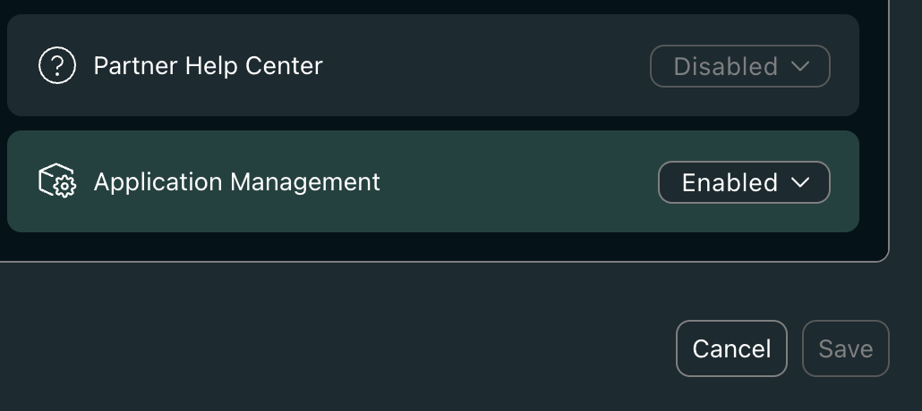 The Capabilities dialog with Application Management set to Enabled
