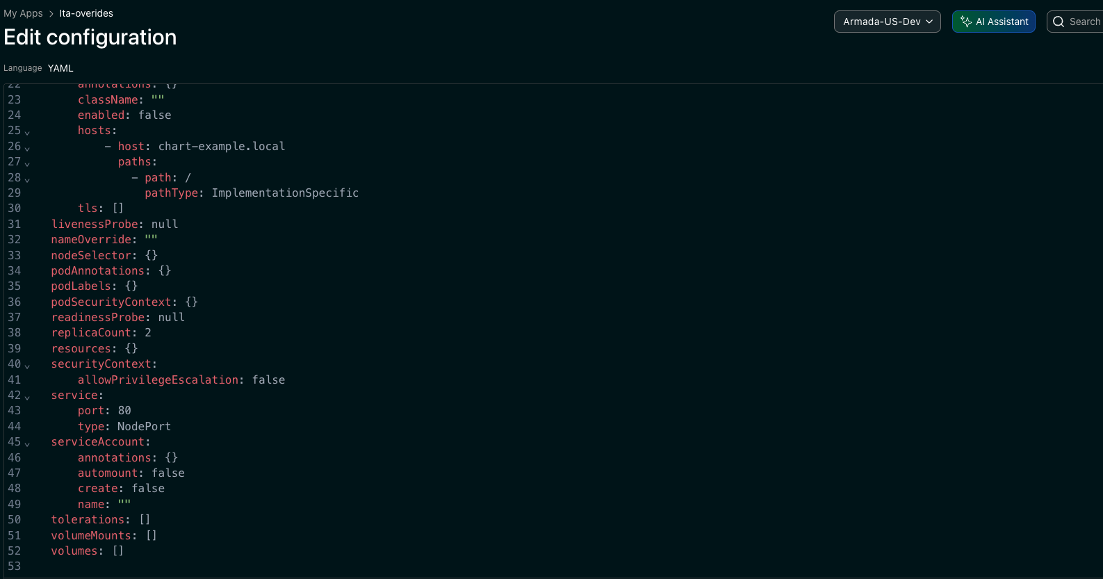 The Edit configuration page showing the instance's full effective values as editable YAML