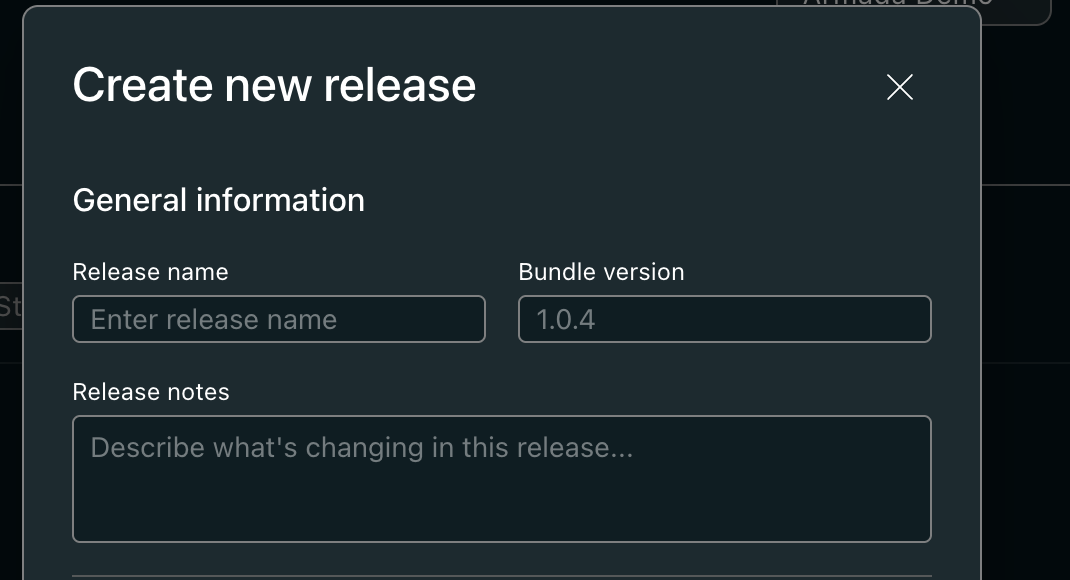 The Create new release dialog — Release name, Bundle version and Release notes