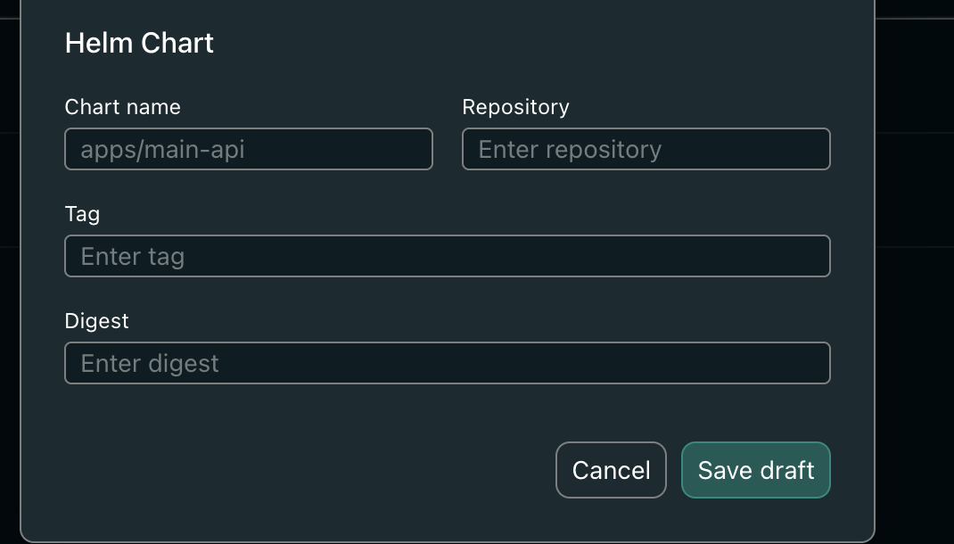 The Helm Chart section of the dialog, with Chart name, Repository, Tag and Digest