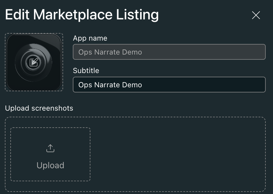 The Edit Marketplace Listing dialog — icon, subtitle, screenshots, category and platform