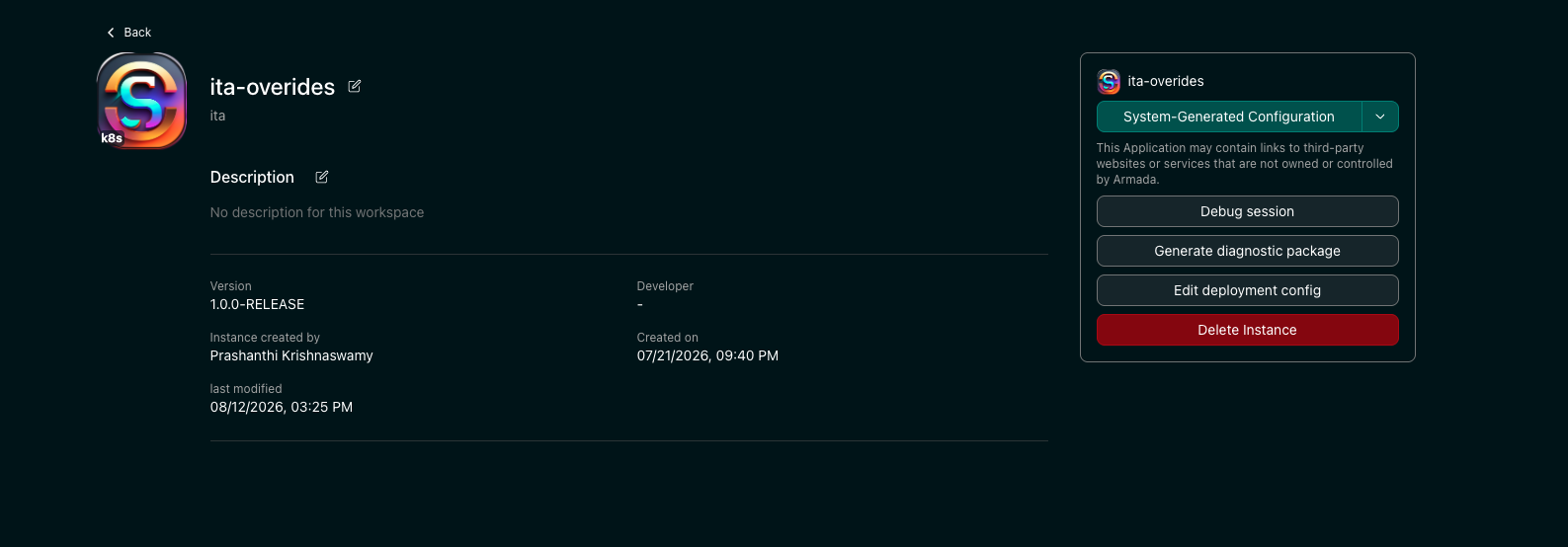 The instance page actions panel with Edit deployment config