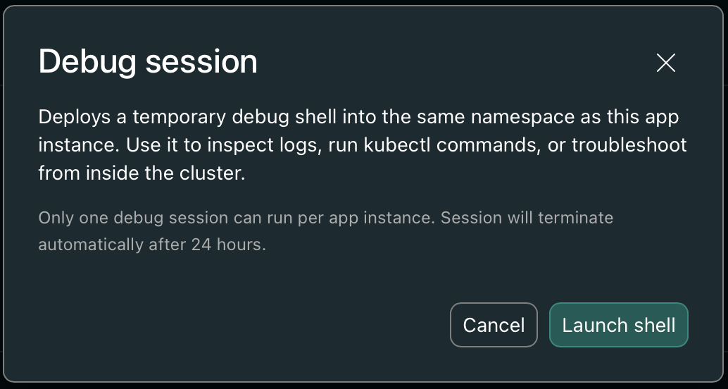 Debug session initial modal with launch confirmation