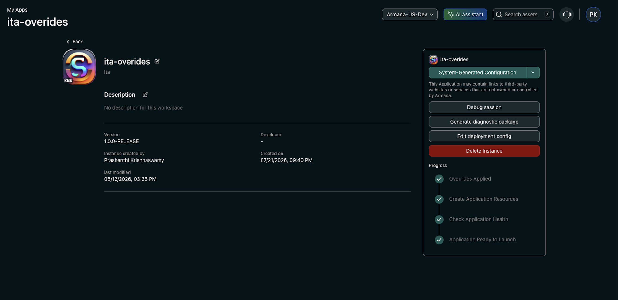 The instance page Progress panel showing Overrides Applied, Create Application Resources, Check Application Health, and Application Ready to Launch all completed