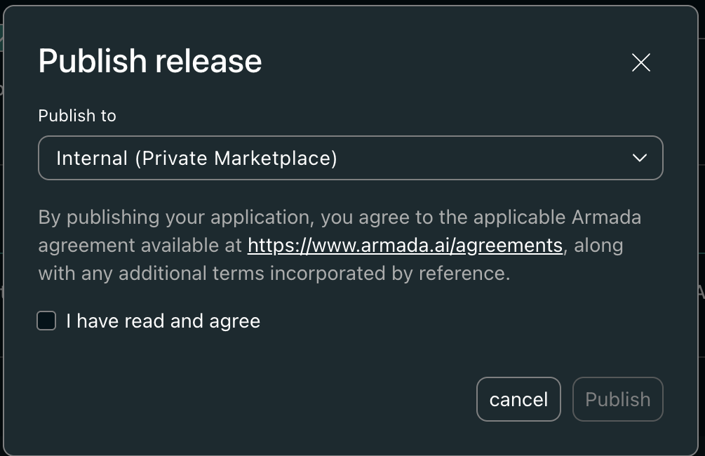 The Publish release dialog, with the Publish to dropdown and the agreement checkbox