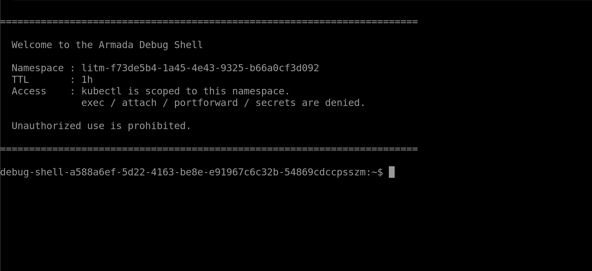 Armada Debug Shell terminal open with welcome banner