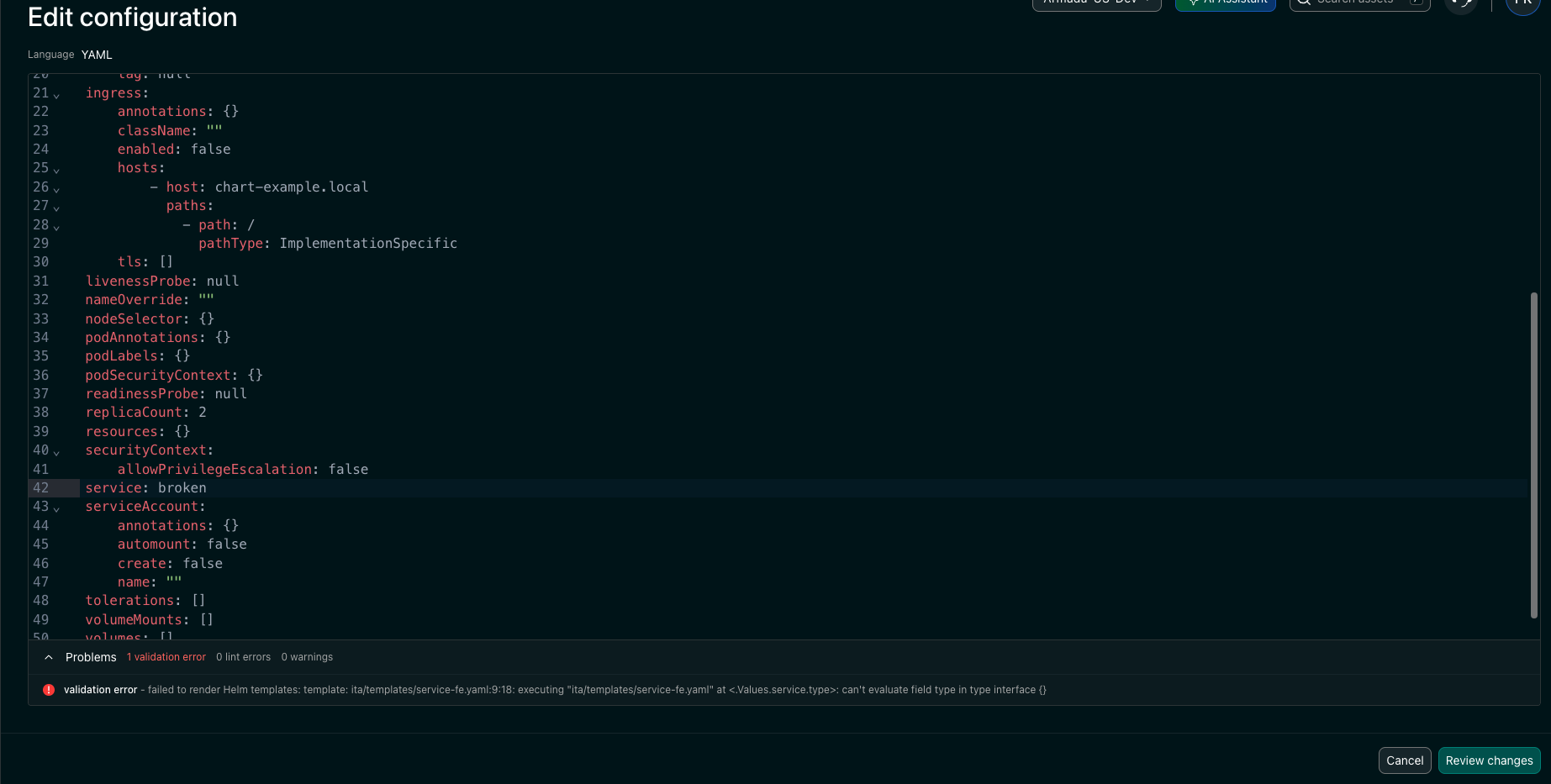 The Problems panel expanded, showing one validation error naming the template and field that failed to render