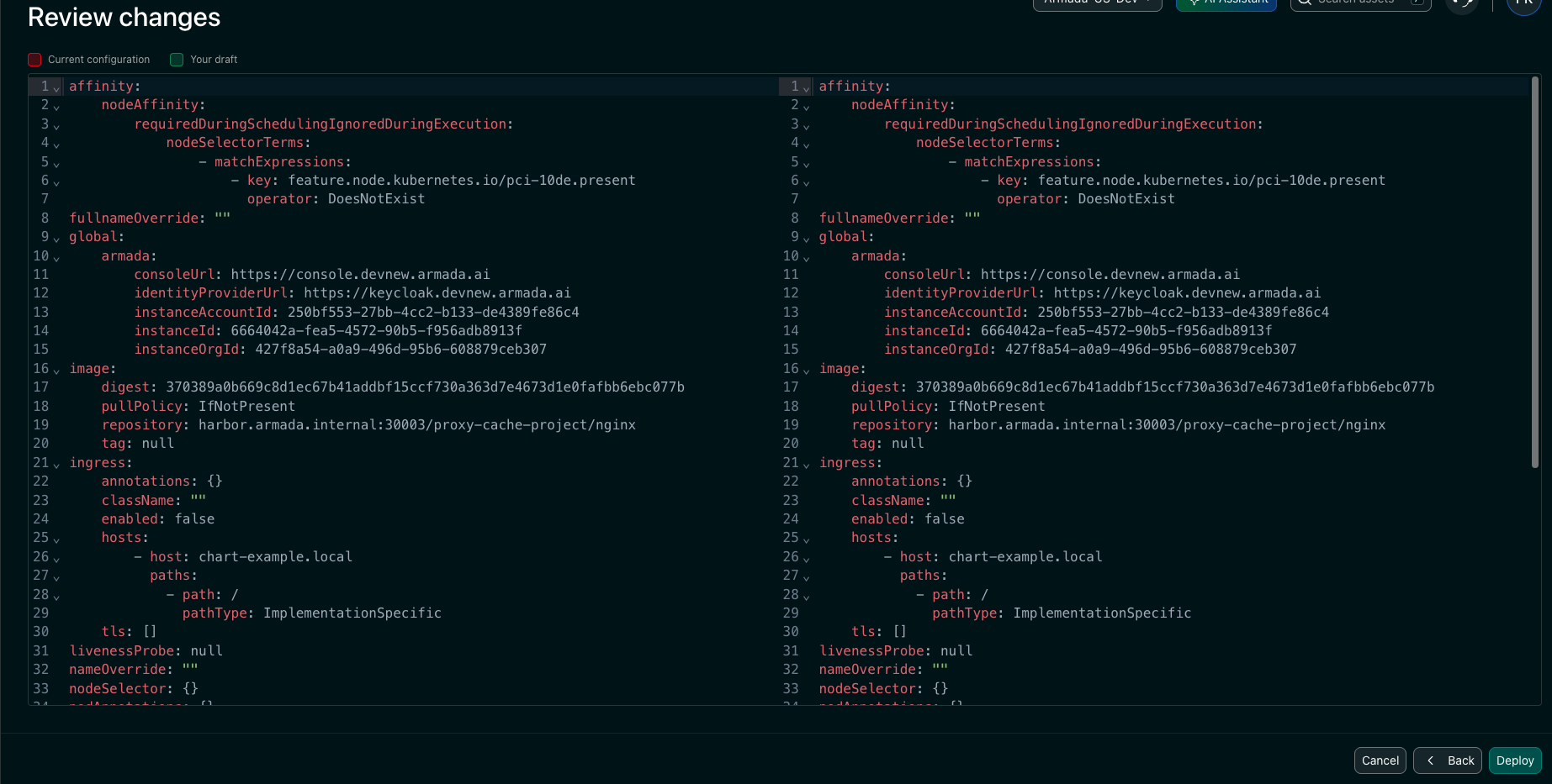 The Review changes screen showing a line-by-line diff between the current configuration and the edited draft