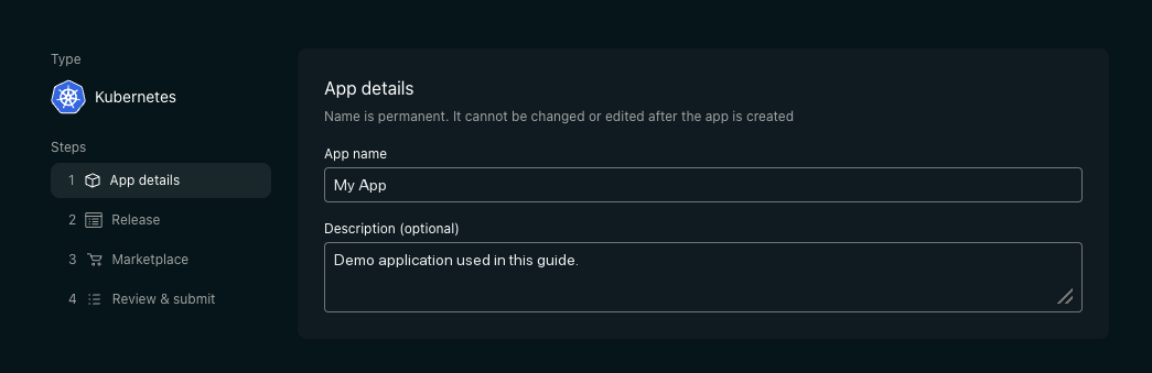 The App details step — App name and an optional Description