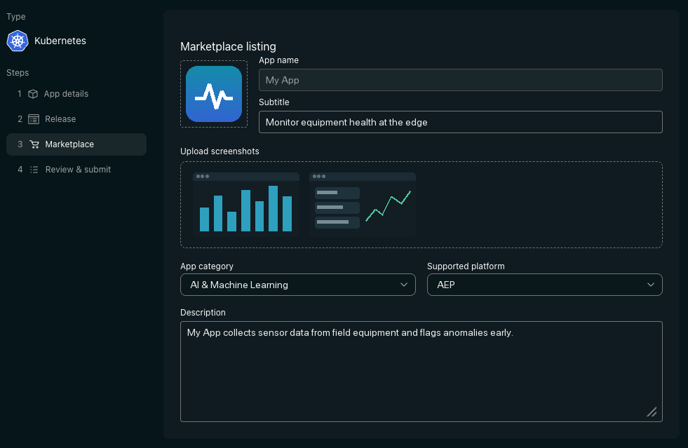 The Marketplace step — app icon, App name, Subtitle, Upload screenshots, App category, Supported platform and Description