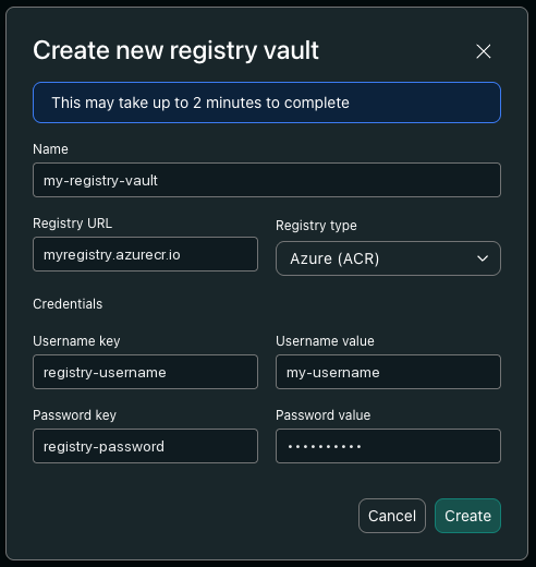 The Create new registry vault dialog — Name, Registry URL, Registry type and the username and password credentials