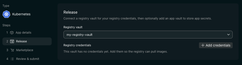 A selected registry vault with no credentials yet, and the Add credentials button