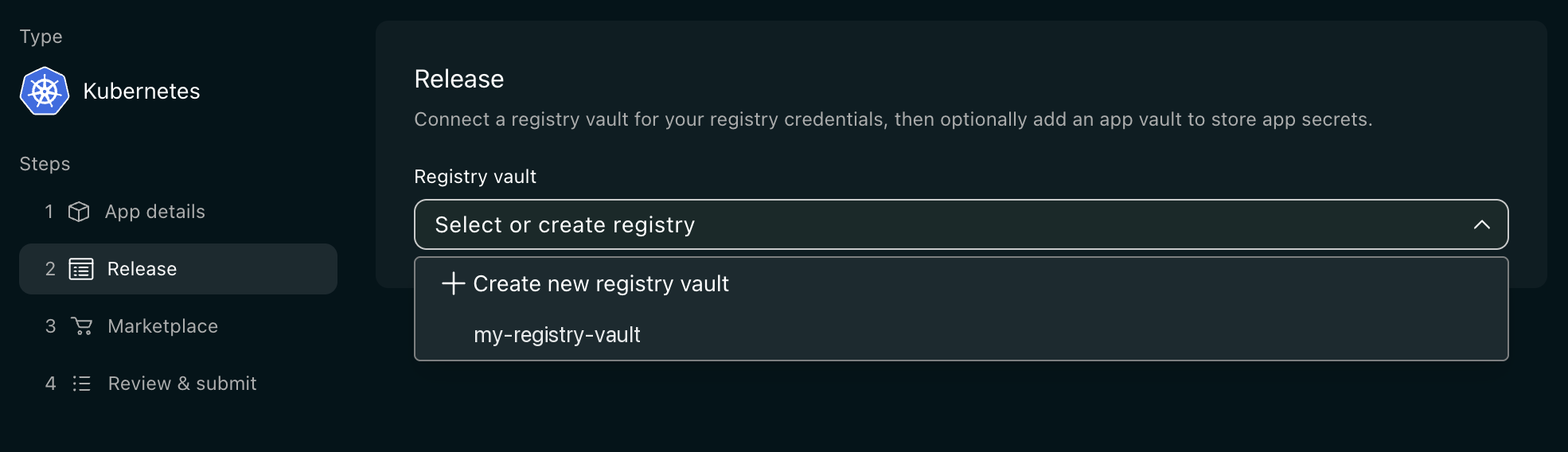 The Registry vault dropdown open on the Release step, listing Create new registry vault and an existing vault