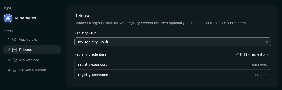 A selected registry vault with its username and password credentials listed under Registry credentials