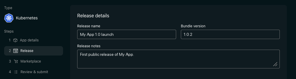 The Release details section — Release name, Bundle version and Release notes